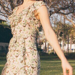 Senlis Pink Bird Print Ruffle Maxi Dress NEW! Sz XS